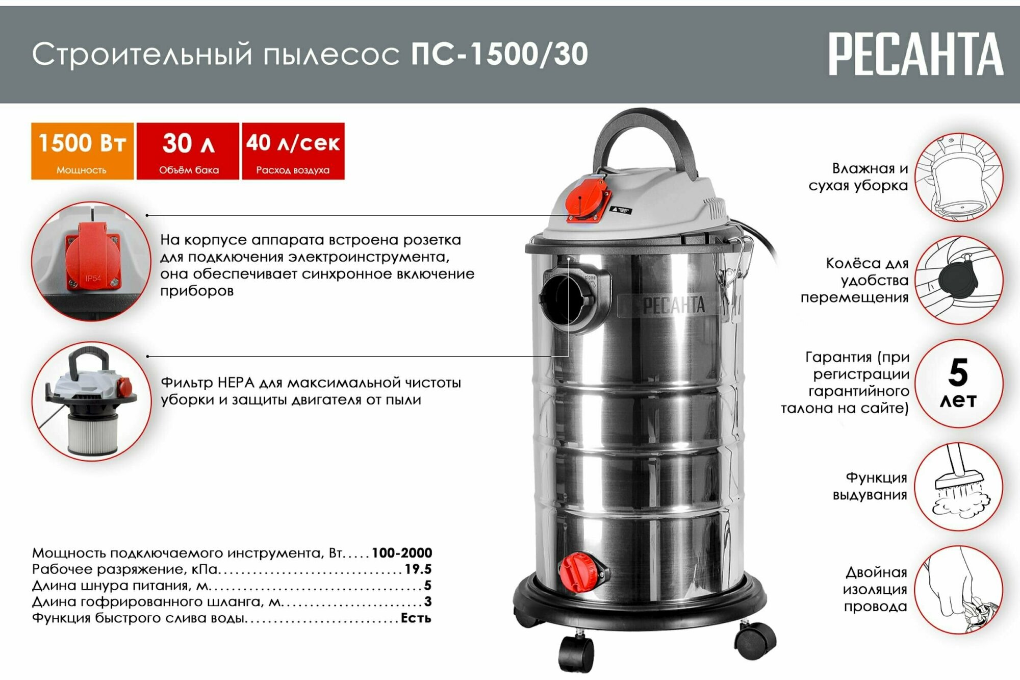 Строительный пылесос Ресанта ПС-1500/30 серебристый (75/19/2) - фото №16