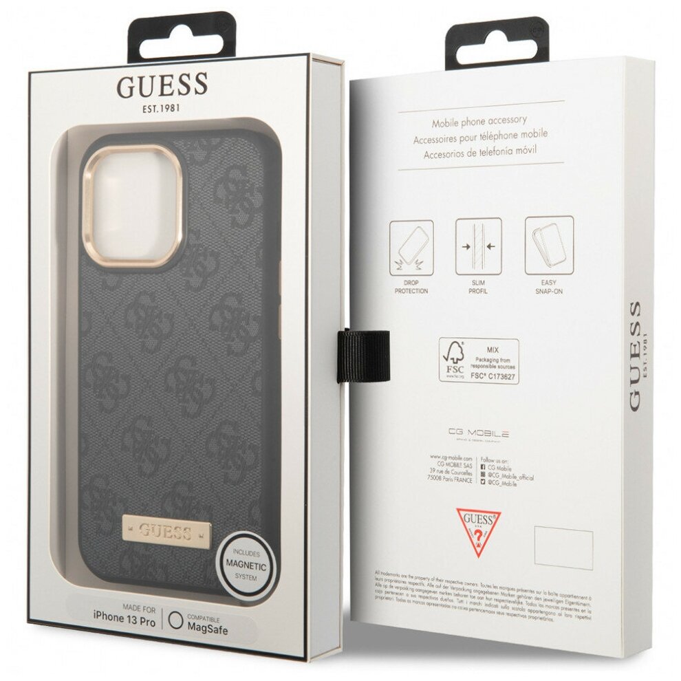 Guess для iPhone 13 Pro чехол MagSafe PU 4G Plate metal logo Hard Grey