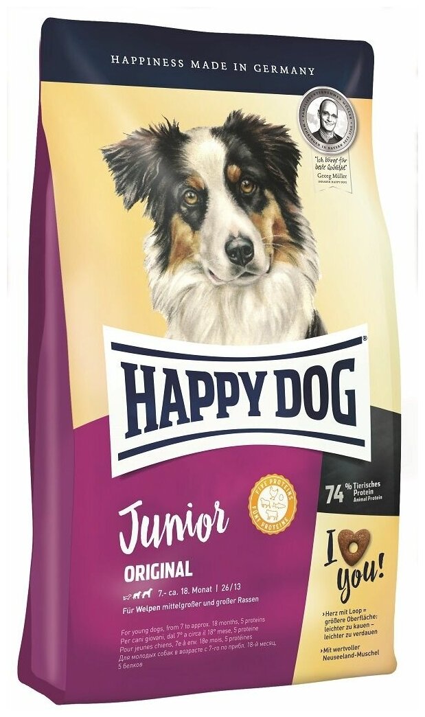 Happy Dog Junior Original Сухой корм для щенков с 7 месяцев всех пород, птица, ягненок, рыба, 1 кг