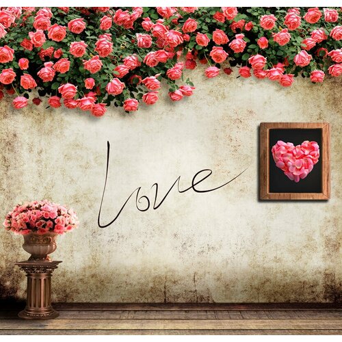 Моющиеся виниловые фотообои GrandPiK Love и розы на стене, 300х290 см