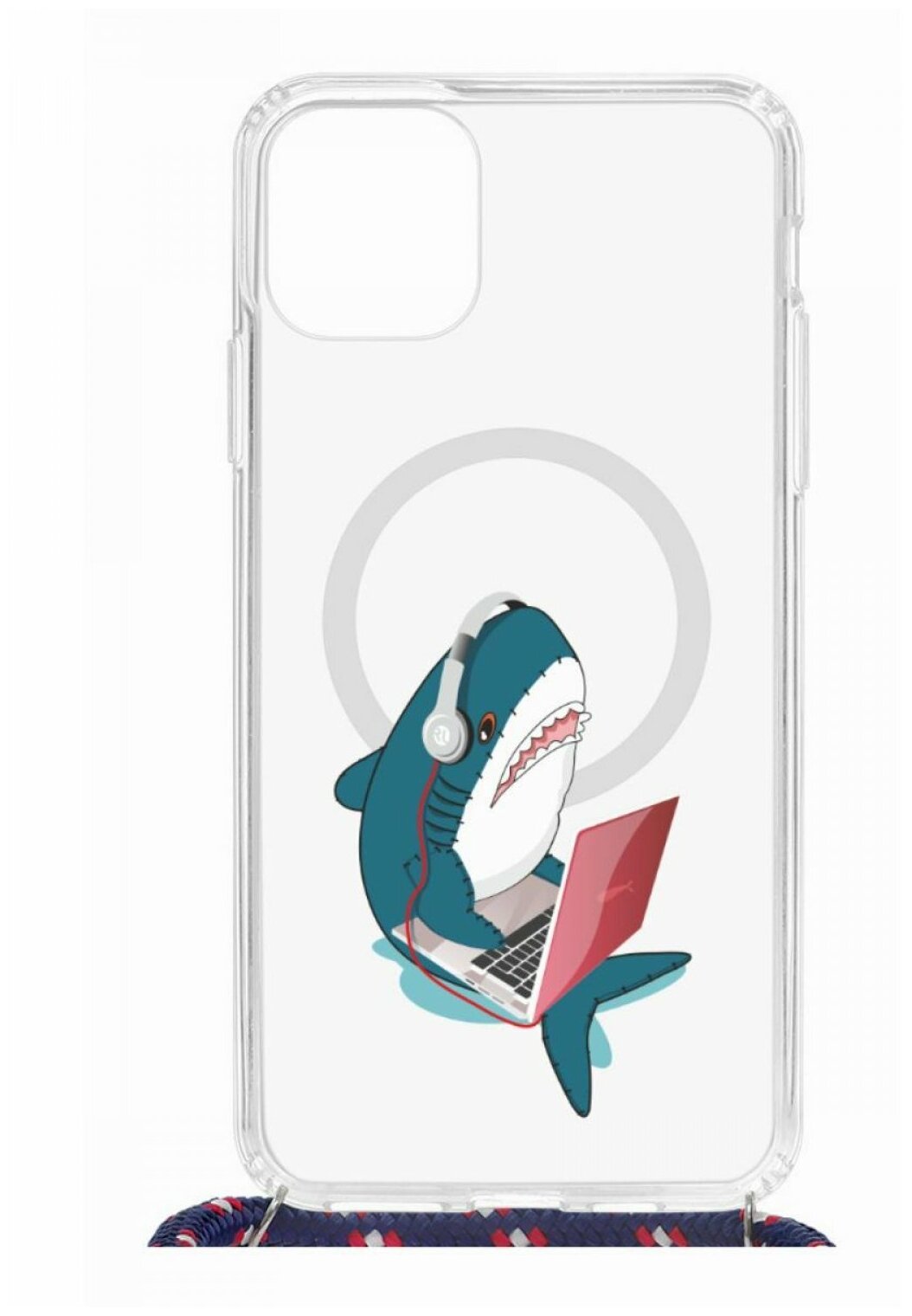 Чехол для iPhone 11 Pro Max Kruche Print MagSafe Magrope Акула,пластиковая накладка МагСейф со шнурком на шею и рисунком,силиконовый бампер