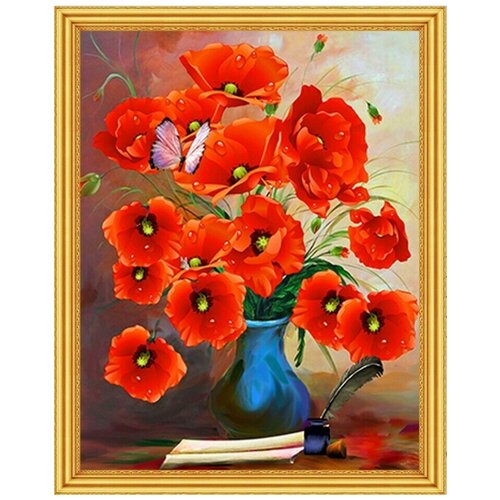 Алмазная мозаика на подрамнике 40x50 см / Алмазная вышивка / полная выкладка / круглые стразы / Букет маков