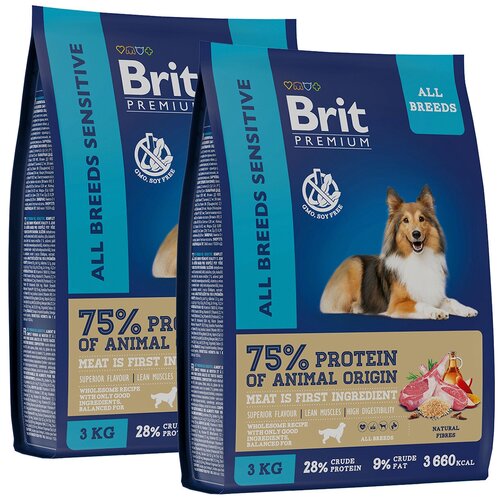 BRIT PREMIUM DOG ADULT SENSITIVE для взрослых собак всех пород с чувствительным пищеварением с ягненком и рисом (3 + 3 кг) brit premium сухой корм с ягненком и индейкой sensitive для собак всех пород 15кг