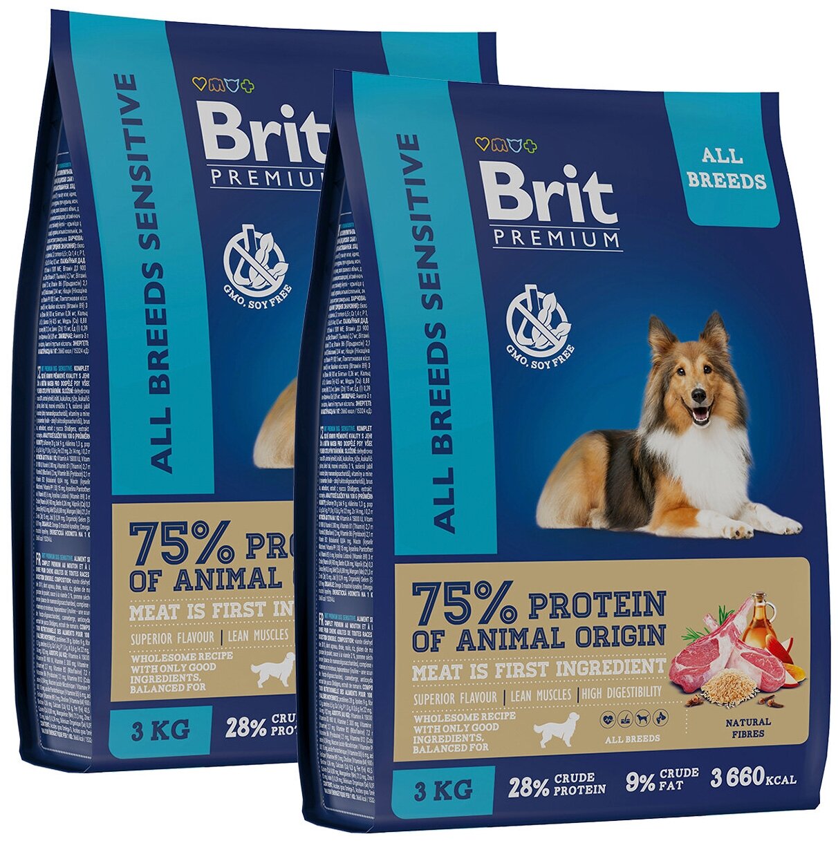 BRIT PREMIUM DOG ADULT SENSITIVE для взрослых собак всех пород с чувствительным пищеварением с ягненком и рисом (3 + 3 кг)