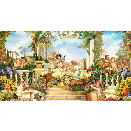 Моющиеся виниловые фотообои GrandPiK Живопись Купидон в райском саду, 450х240 см