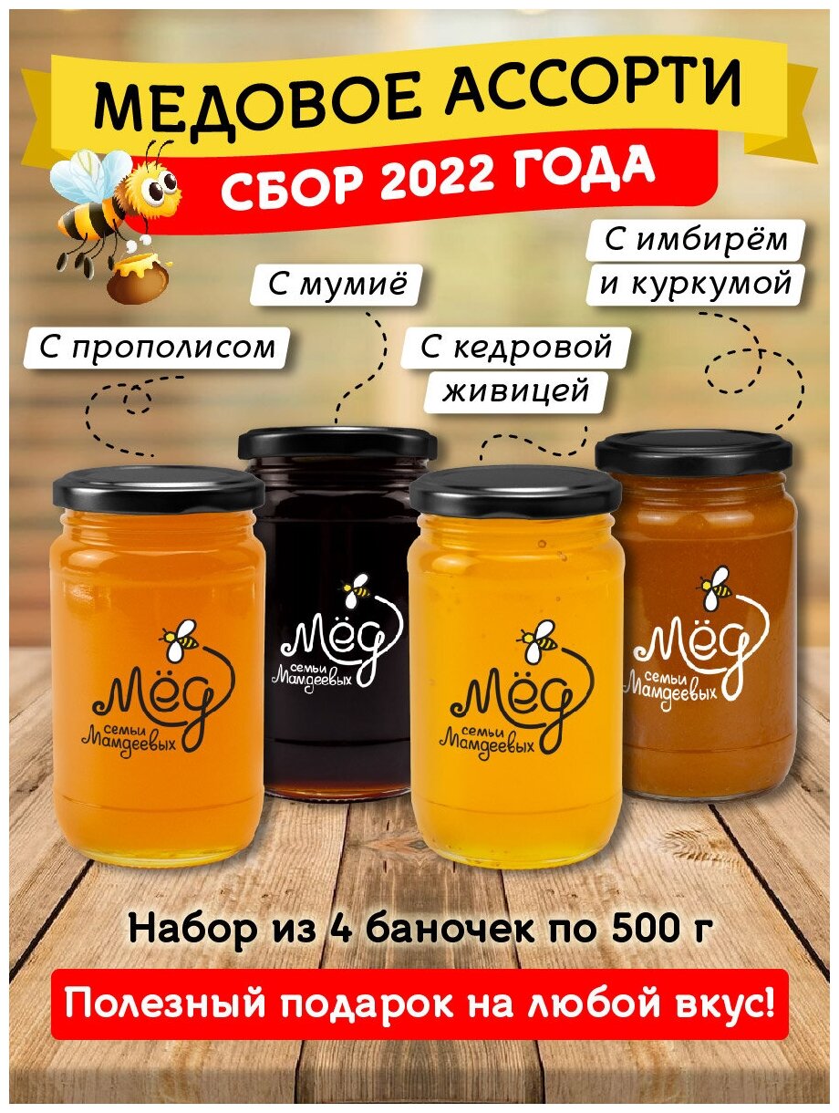 Ассорти (С живицей, 500 г; С прополисом, 500 г; с мумие, 500 г; мёд с имбирем и куркумой, 500 г) - фотография № 1