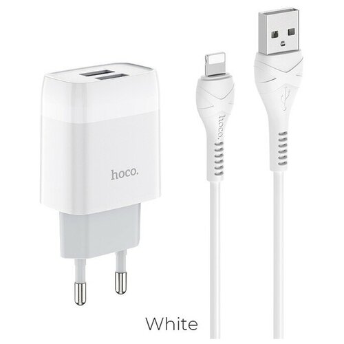 Сетевое зарядное устройство Hoco C73A, 2 USB, 2.4 А, кабель Lightning 1 м, белый сетевое зарядное устройство hoco 756979