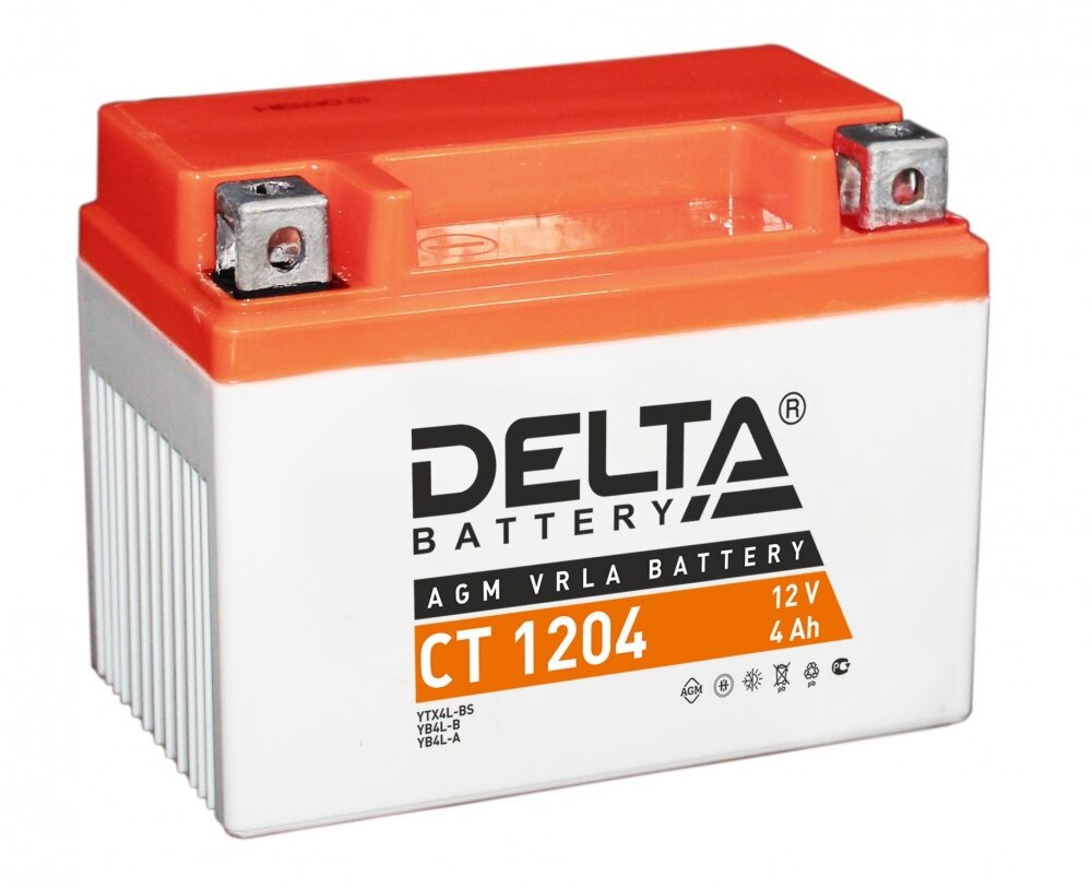 Аккумулятор для мотоцикла и скутера Delta CT1204 12V 4 А/ч 50 А обр. пол. залит/заряжен YTX4L-BS, YT4L-BS (113х70х89) AGM VRLA