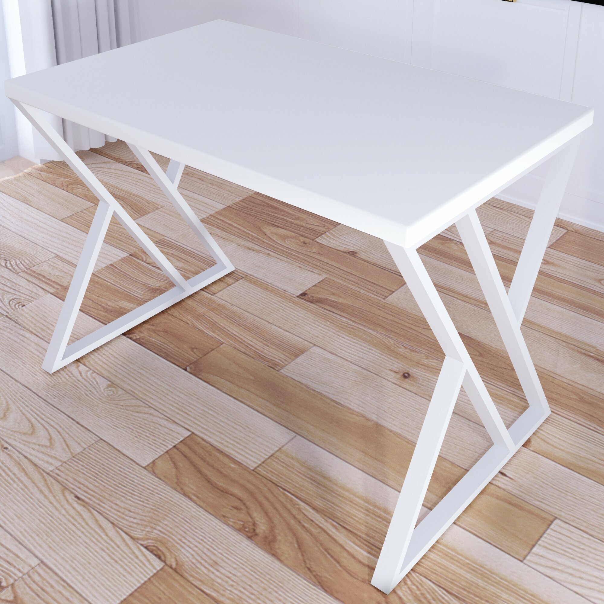 Стол кухонный Loft со столешницей белого цвета из массива сосны 40 мм и белыми металлическими Z-образными ножками, 120х70х75 см - фотография № 4