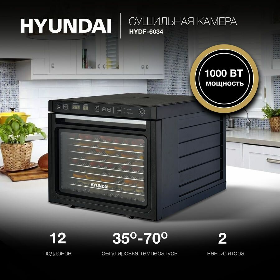 Сушка для фруктов и овощей Hyundai HYDF-6034 12под. 1000Вт черный - фотография № 3