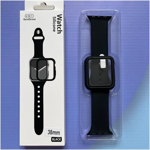 Ремешок для Apple Watch 1-7 38 мм силиконовый Голубой / Защитное стекло на Apple Watch 1-7