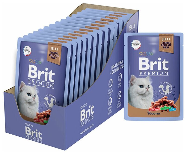 Паучи для взрослых кошек Brit Premium, ассорти из птицы в желе, 14 шт. х 85 г