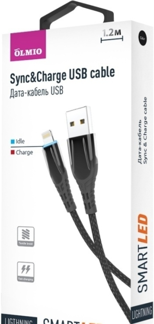 Кабель SmartLED, USB 2.0 - Lightning, 1.2м, 2.1A, черный, OLMIO