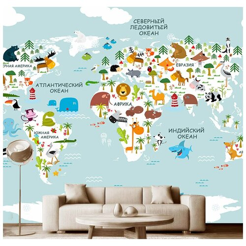 Фотообои на стену детские Модный Дом Карта мира с забавными животными 300x270 см (ШxВ)