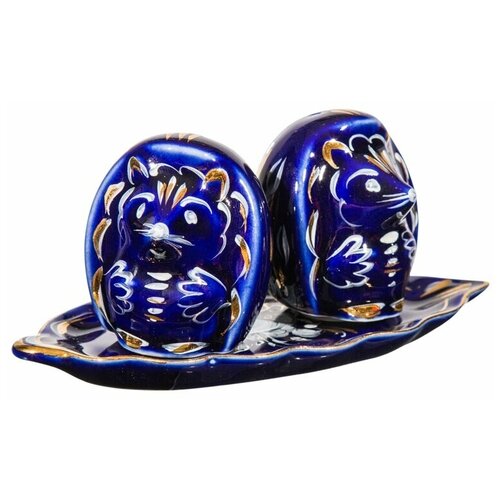 Набор для специй Ёжики (глухой кобальт, краски, золото) Гжель ручная роспись