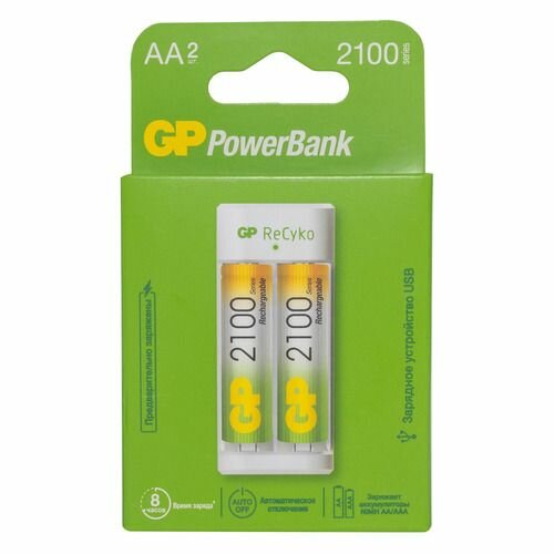 AA/AAA Аккумуляторная батарейка + Зарядное устройство GP PowerBank E211210AAHC-2CRB2, 2 шт. 2100мAч