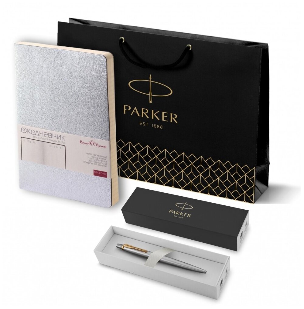 Подарочный набор: Шариковая ручка Parker Jotter Essential, St. Steel GT и Ежедневник недатированный серебристый