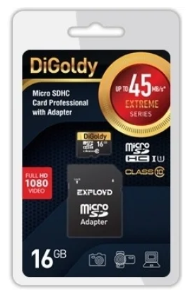 Карта памяти (DIGOLDY 16GB microSDHC Class 10 UHS-1 Extreme с адаптером (45мб/с))