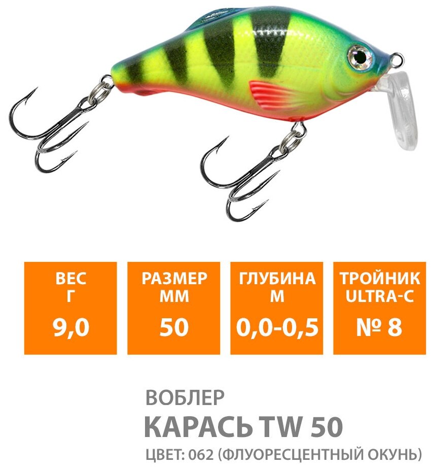 Воблер для рыбалки плавающий AQUA Карась TW 50mm 9g заглубление от 0.5m цвет 062