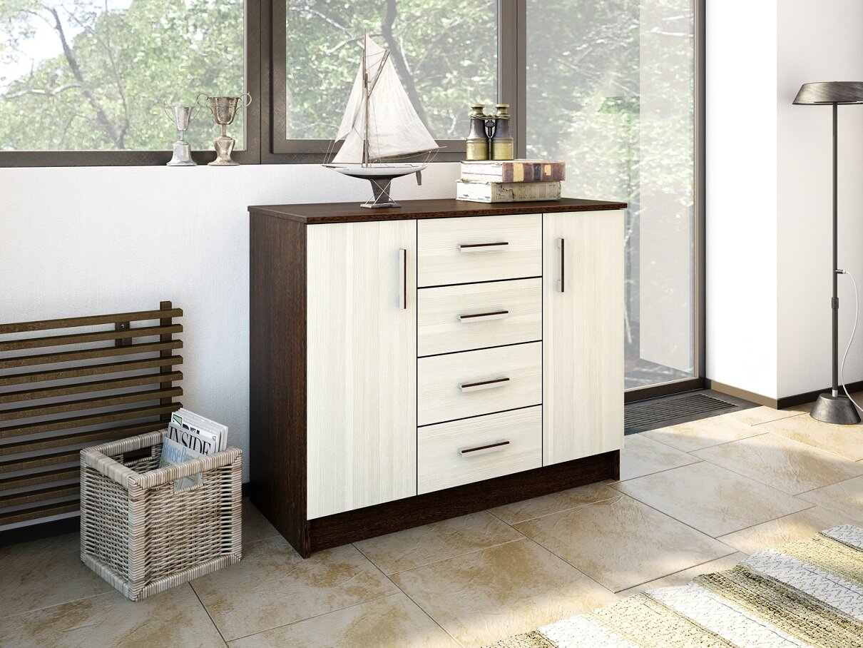 фото Комод столплит К1000-2Д с 4 ящиками и полками, ЛДСП, Венге-Лоредо, 100х44х83 см