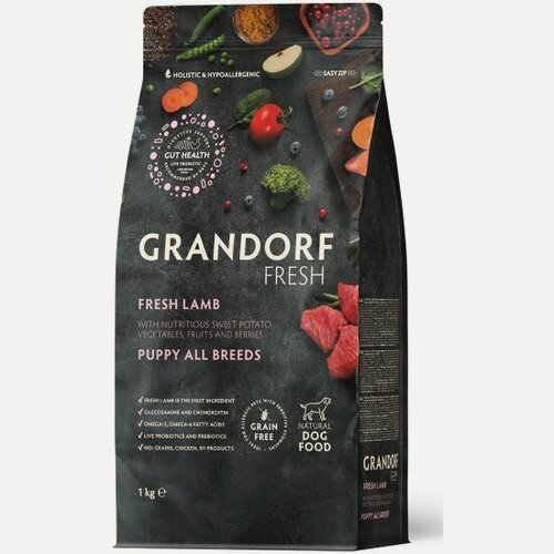 Изображение товара Корм сухой Grandorf Fresh , беззерновой с живыми пробиотиками, свежее мясо ягненка с бататом для щенков, 1 кг