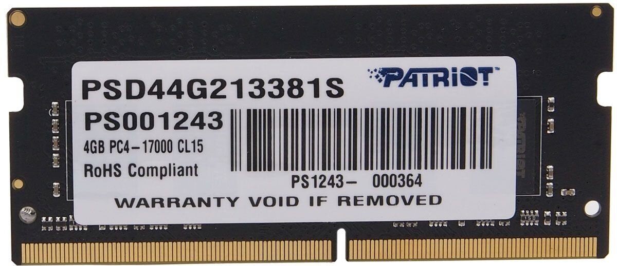 Оперативная память Patriot SO-DIMM DDR4 4Gb 2133MHz Patriot PSD44G213381S RTL PC4-17000 CL15 260-pin 1.5В single rank — фото 1