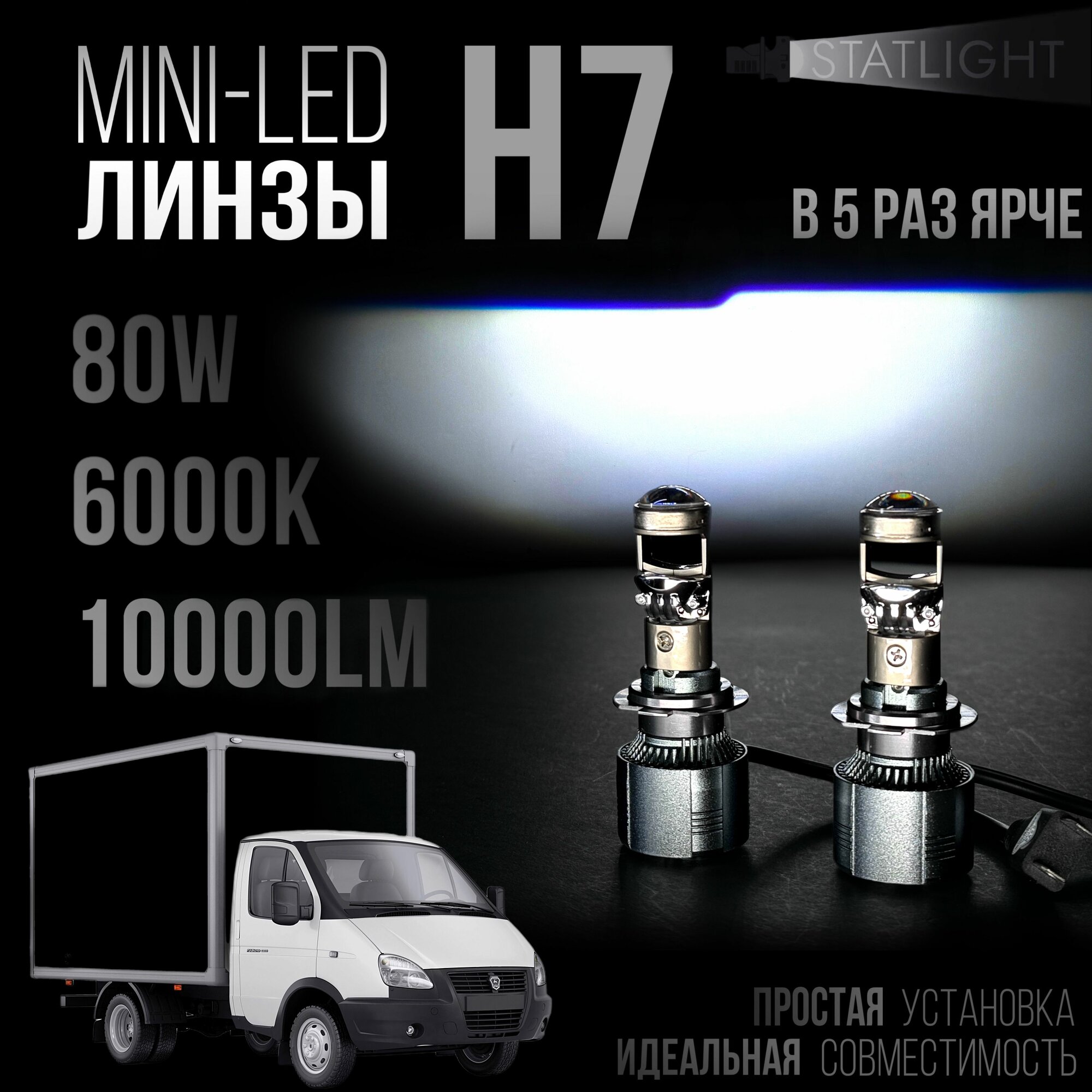 Лампа автомобильная светодиодная H7 ГАЗ Газель В рефлектор мини линзы H7, LED лампы H7, белые 6000k, 10000Lm, н7 лед, 2 шт