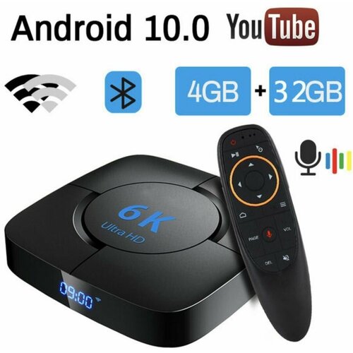 Андроид смарт ТВ приставка 10,0 4ГБ ОЗУ 32ГБ ПЗУ 6K TV Box Ultra HD 64бит+ Пульт c голосовым управлением и подсветкой G10s Pro BT Bluetooth Air Mouse 
