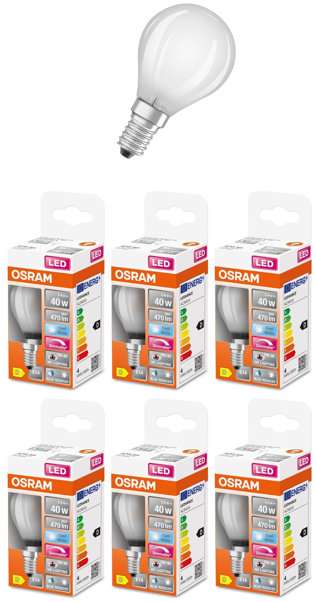 Лампочка светодиодная Osram 3.4W=40W 220V E14 Шарик матовый G45 470Лм Диммируемая Филаментная 4000K упаковка 6шт