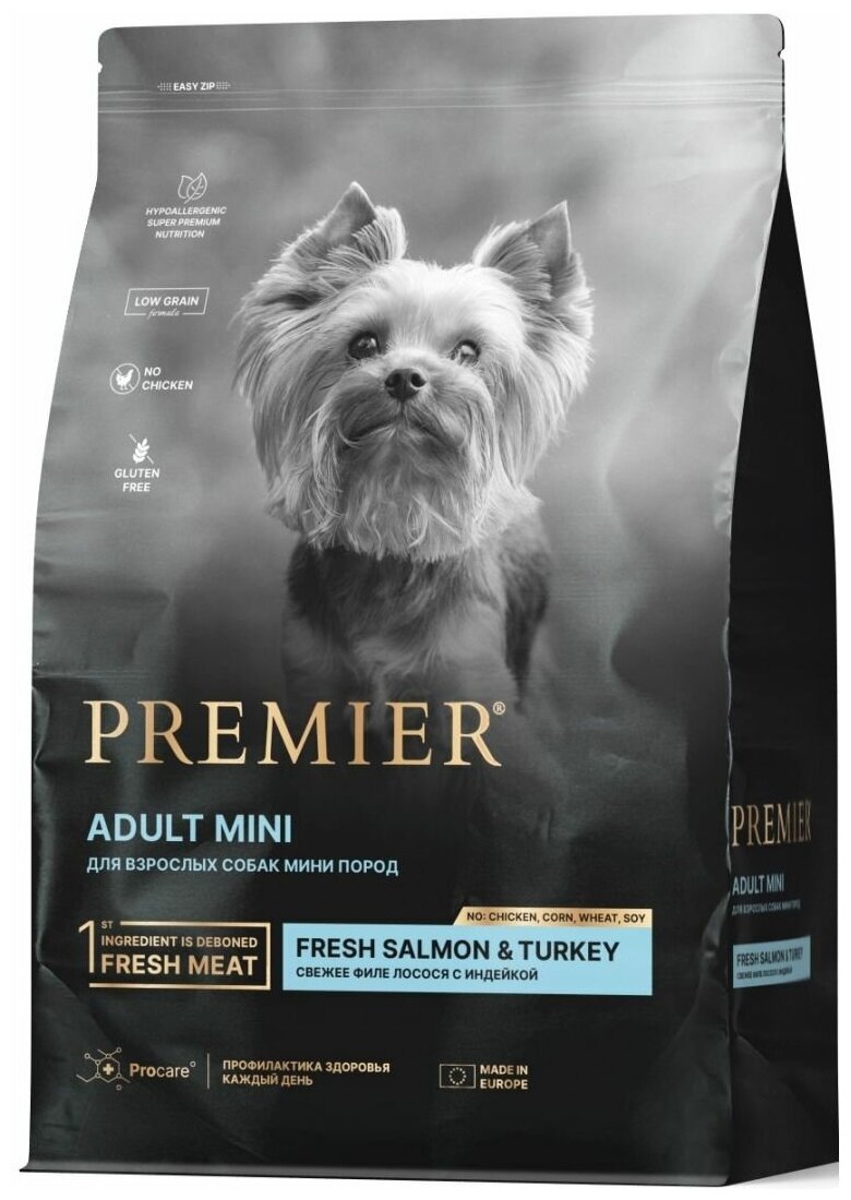 Корм сухой для собак мелких пород Premier Dog Salmon&Turkey ADULT Mini Свежее филе лосося с индейкой 1 кг