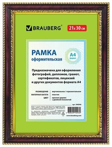 Рамка 21х30 см, пластик, багет 30 мм, BRAUBERG "HIT4", красное дерево с двойной позолотой, стекло, 390996