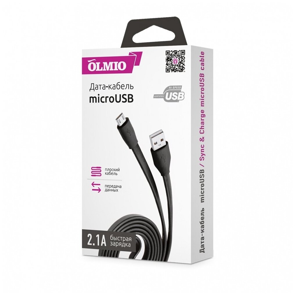 Кабель micro USB 1 м 2.1 A черный плоский Olmio PARTNER ПР038658 | цена за 1 шт