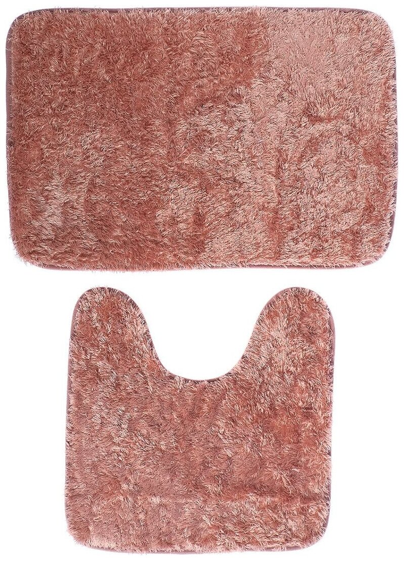 Набор ковриков для ванной и туалета Доляна «Пушистик», 2 шт: 38×40, 40×60 см, цвет розовый - фотография № 1