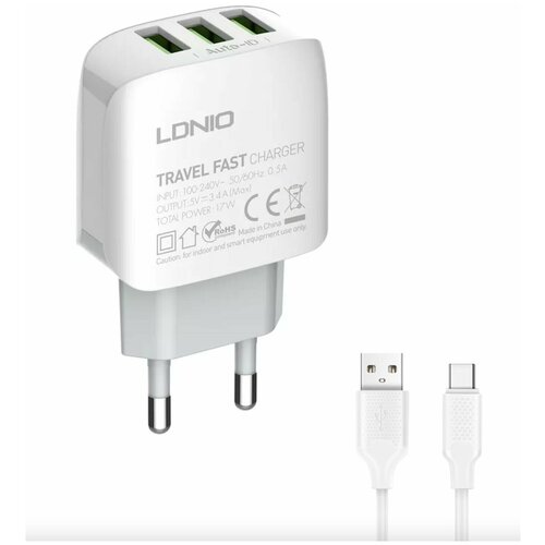 Зарядное устройство Ldnio A3312 3xUSB + Type-C White LD_B4562 сетевое зарядное устройство ldnio a6573c desktop charger 65w 1 pd 1 qc3 0 4 auto id кабель 1 5 м eu белый