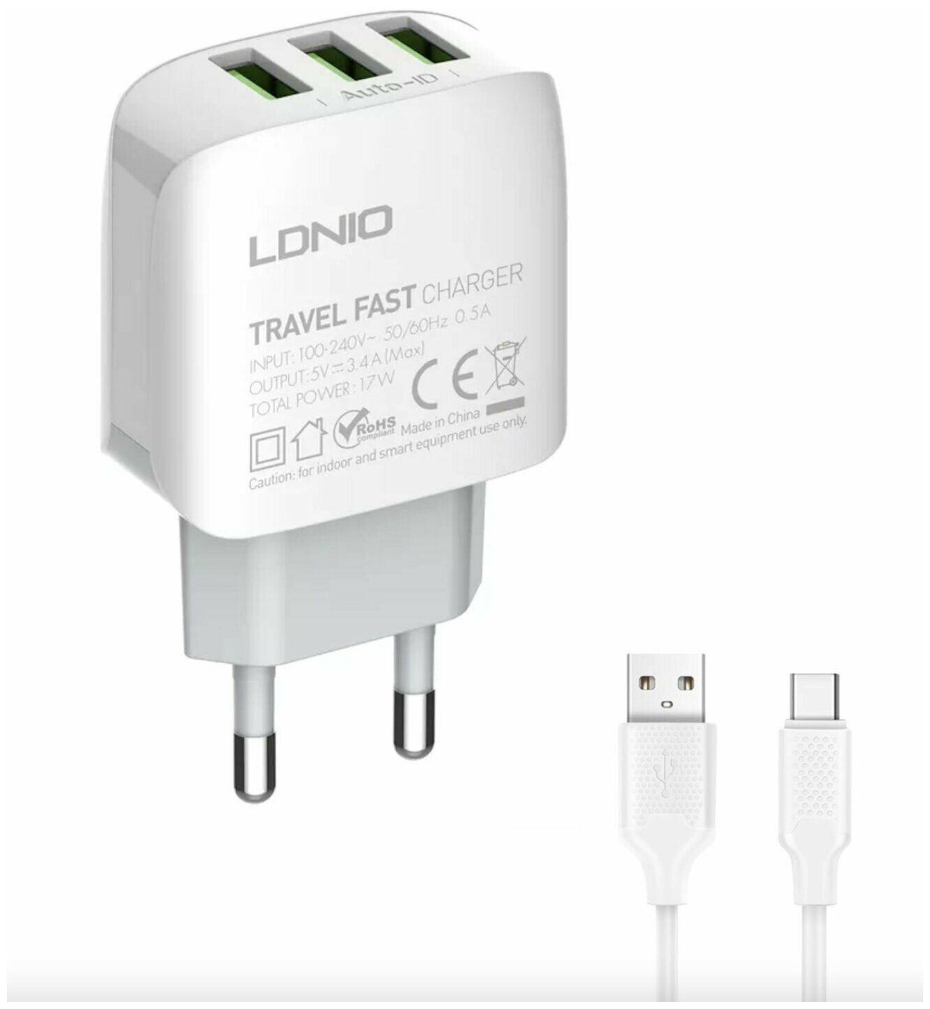 Зарядное устройство LDNIO A3312/3,4 A/17 Вт/3 USB порта/кабель type C в комплекте, белый