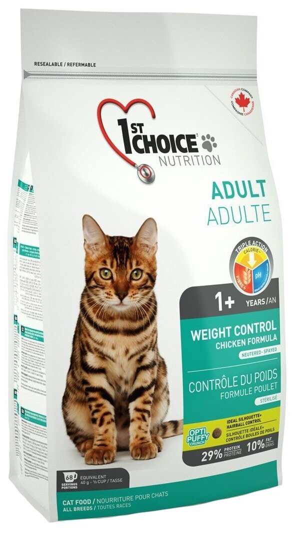 Сухой корм 1st Choice Weigth control для взрослых кошек после кастрации, курица, 2.72кг - фото №1