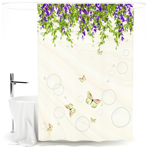 Шторка для ванной Сирень Весенние мотивы, 145х180 см, цвет бежевый
