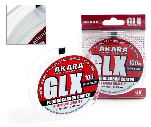 Akara Леска монофильная с флюоропокрытием прозрачная AKARA GLX PREMIUM CLEAR (GLX-CL-100-018 (100 м 0,18мм) )
