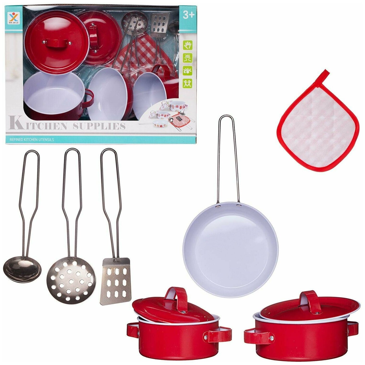 фото Игровой набор Junfa Посуда металлическая (красная), в наборе 8 предметов
