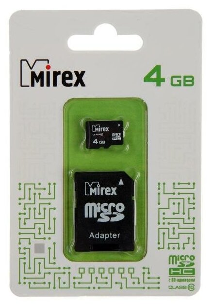 Карта памяти Mireх microSD, 4 Гб, SDHC, класс 10, с адаптером SD