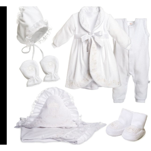 фото Комплект одежды для девочек, комбинезон и шапка и пинетки и рукавицы, нарядный стиль, размер 62, белый  tigres x andre tan