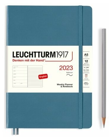 Еженедельник-блокнот Leuchtturm1917 Medium A5 (14.5x21см.) датированный на 2023 год, 80г/м2 - 144стр., мягкая обложка, цвет: синий камень