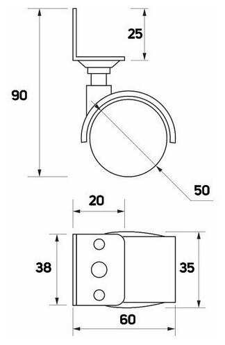Колесо мебельное d=50 мм Г-образное с креплением без тормоза черный пластик - фотография № 2