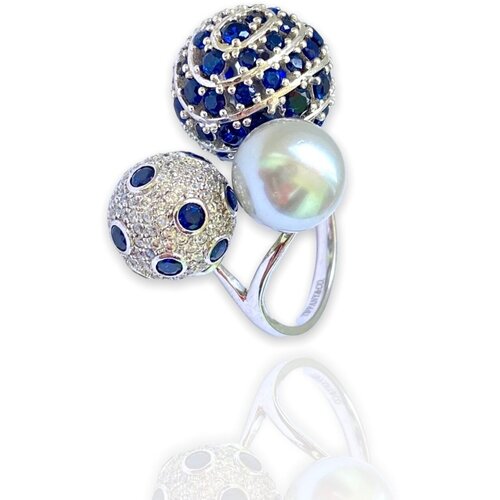 Перстень Разъемное кольцо с тремя шарами из серебра, серебро, 925 проба, родирование, жемчуг Swarovski синтетический, размер 18, белый, синий