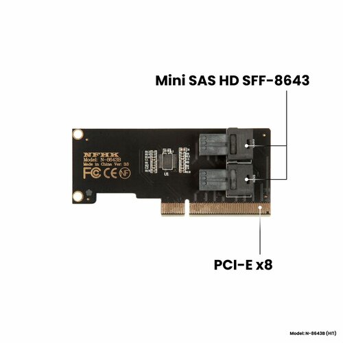 Адаптер-переходник (плата расширения) низкопрофильная версия на 2 порта Mini SAS HD SFF-8643 в слот PCI-E 3.0/4.0 х8/x16, черный, NHFK N-8643B pcie 3 0 x8 to 2 ports u 2 sff 8643 dual m 2 nvme ssd pci e x8 converter card u2 adapter mini sas riser card sff 8639 expansion