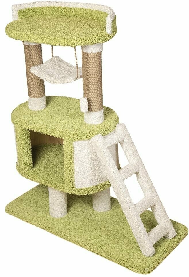 Высокая когтеточка-столбик с домиком и лежанкой для кошек "Игруля" зелёный - фотография № 1