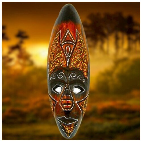 Этническая маска Овал лица 30х10см / панно из дерева в виде экзотической маски / изделия из Индонезии/ предметы интерьера