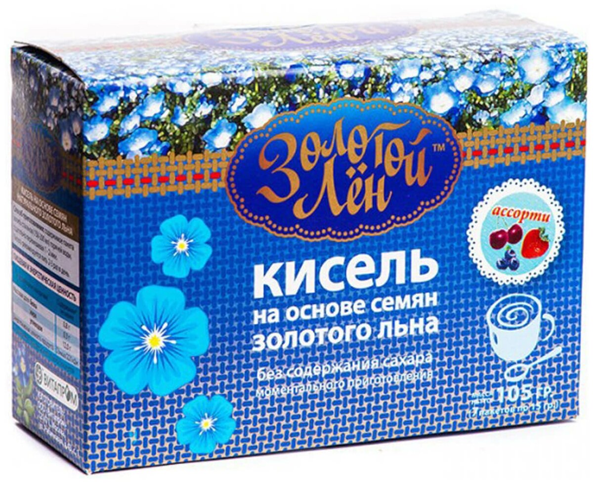 Золотой лён Кисель на льняной основе (ассорти), 7 пакетов по 15 гр, Золотой лён