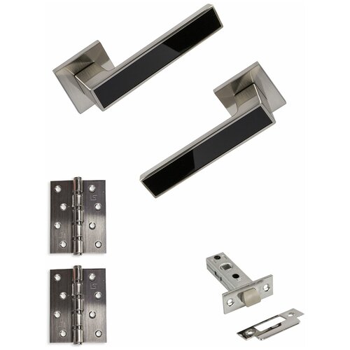 Ручки дверные на розетке межкомнатные Денали ай-петри Матовый никель - Черная вставка (2шт) + Защелка межкомнатная дверная + петли врезные (2шт)