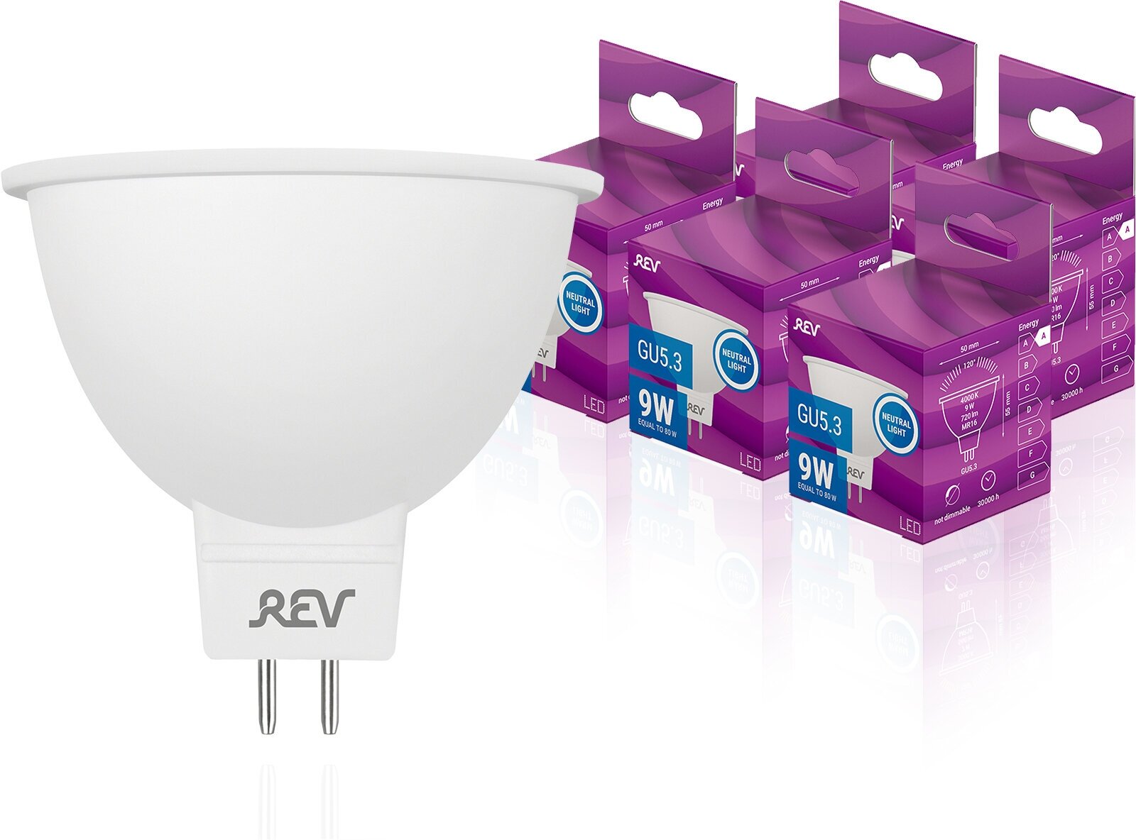 Упаковка светодиодных ламп 5 шт REV 32415 7, 4000K, GU5.3, MR16, 9 Вт